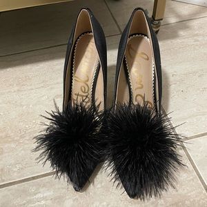 Sam Edelman satin heels with feather detail